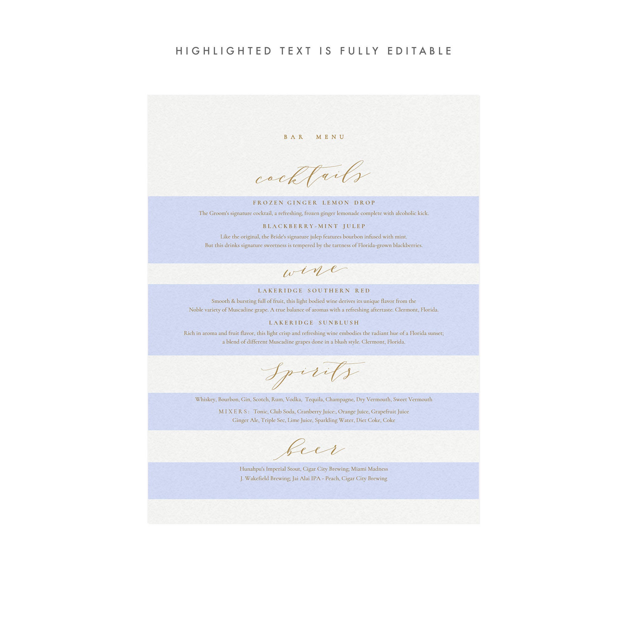 Calligraphy Bar Menu Sign: Gold Wedding Cocktails (PDF)