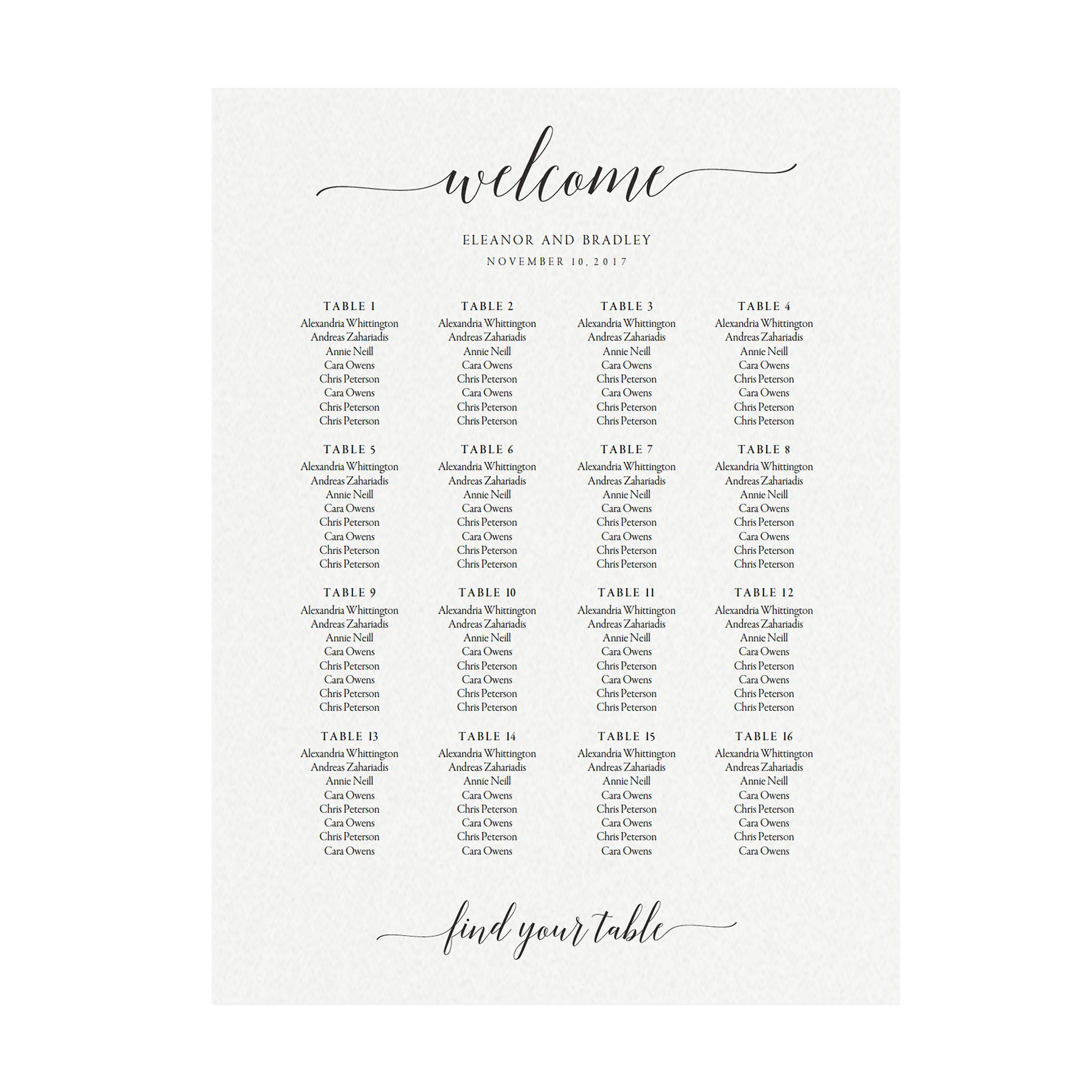 Calligraphy Wedding Seating Chart Sign Template (PDF Download)