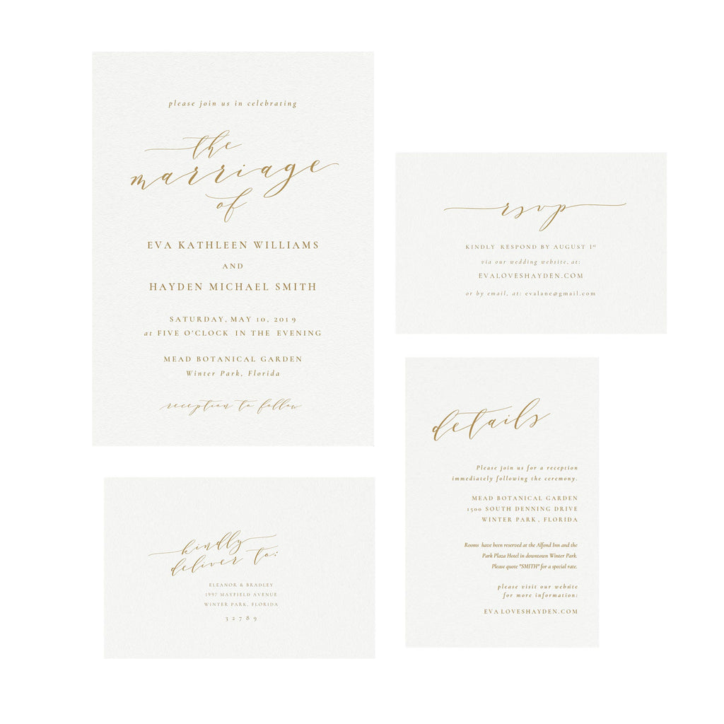 Gold Calligraphy Wedding Invitation Suite: Melia, Editable PDF (Instant Download)
