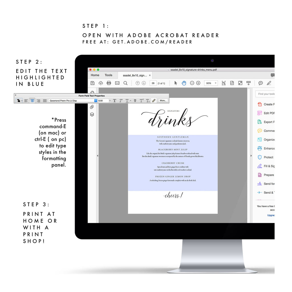 Printable Signature Drinks Sign: Minimalist Wedding Bar Menu (PDF)