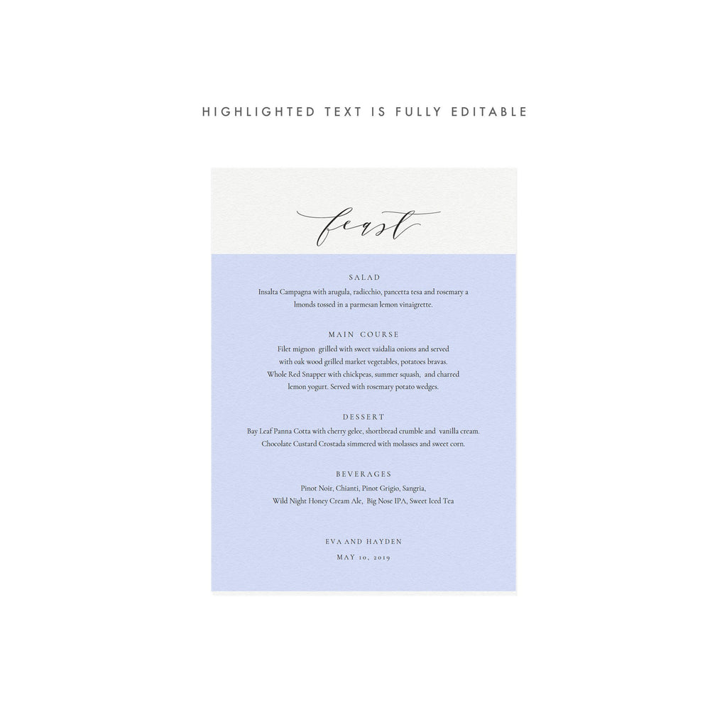 Calligraphy Wedding Menu Template: 5x7 Black, Minimalist (Printable PDF)