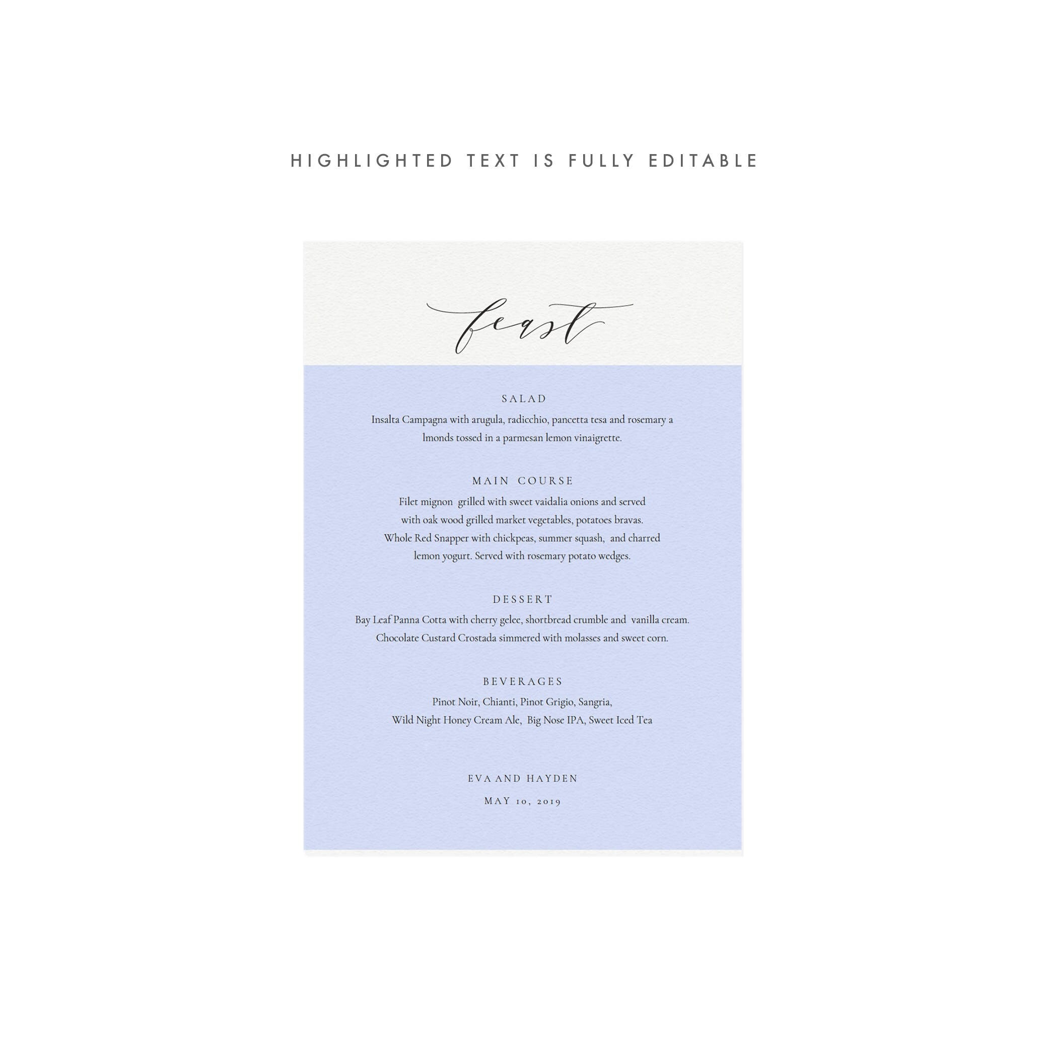 Calligraphy Wedding Menu Template: 5x7 Black, Minimalist (Printable PDF)