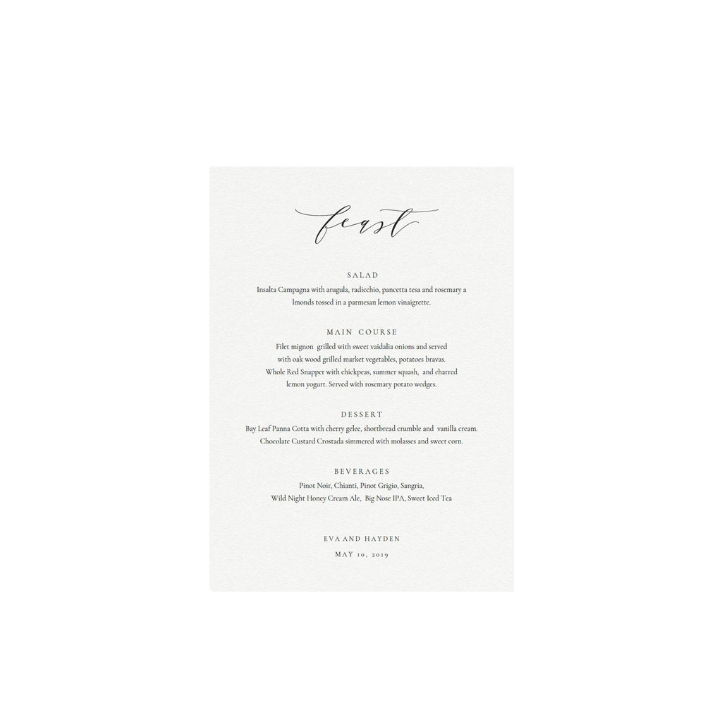 Calligraphy Wedding Menu Template: 5x7 Black, Minimalist (Printable PDF)
