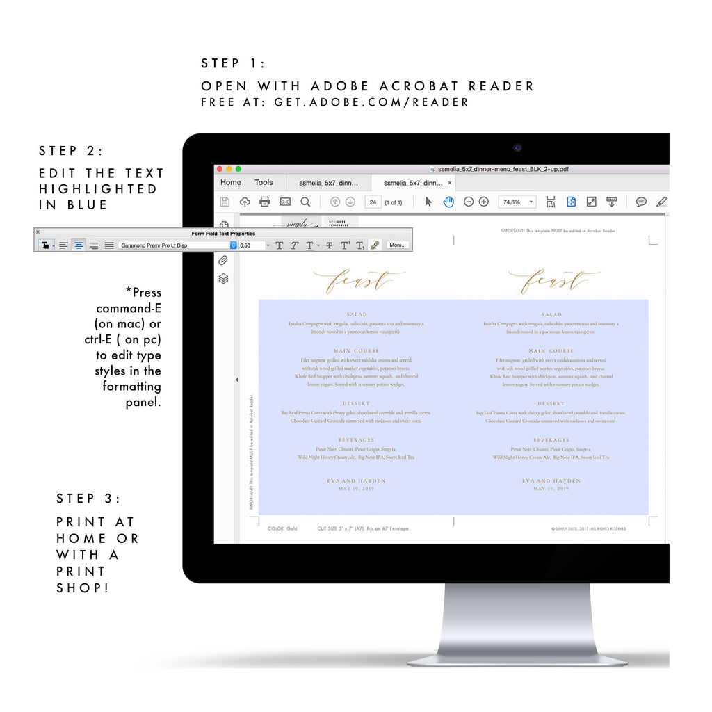 Gold Calligraphy Wedding Menu Template: Minimalist 5x7 (PDF Instant Download)