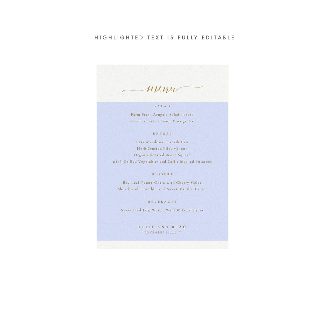 Gold Calligraphy Wedding Menu Template: Minimalist 5x7 (PDF)