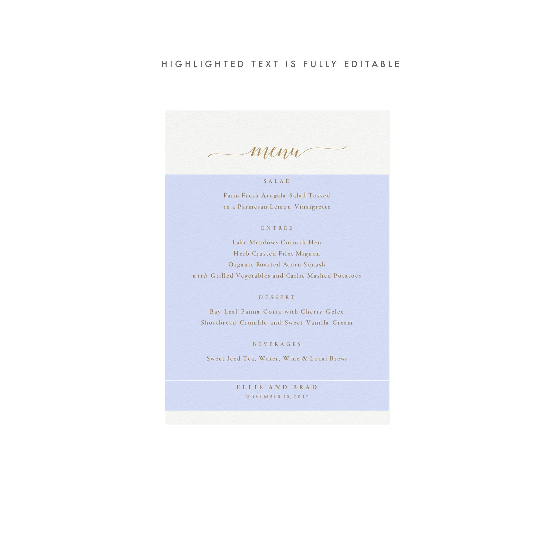 Gold Calligraphy Wedding Menu Template: Minimalist 5x7 (PDF)
