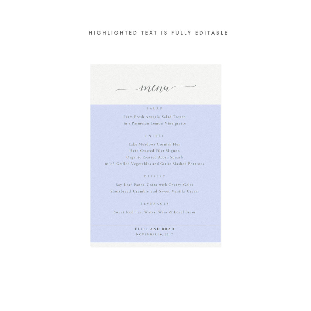 Calligraphy Wedding Menu Template: Dove Gray, Minimalist (Editable PDF)