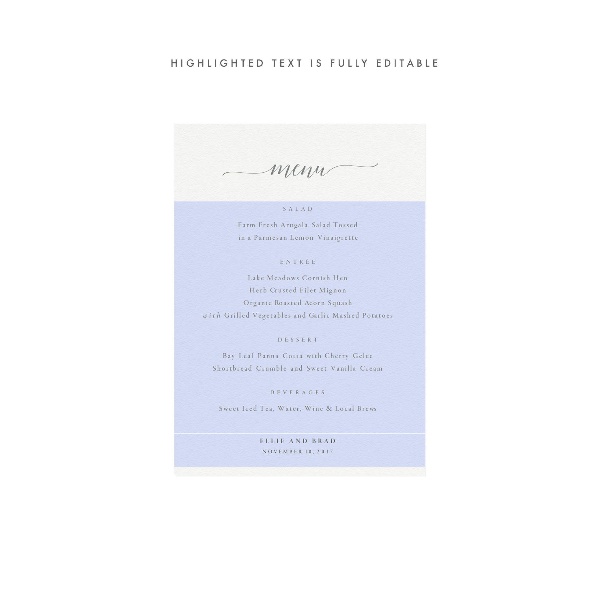 Calligraphy Wedding Menu Template: Dove Gray, Minimalist (Editable PDF)