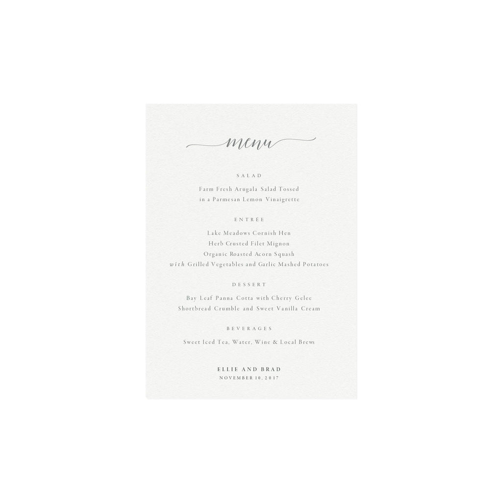 Calligraphy Wedding Menu Template: Dove Gray, Minimalist (Editable PDF)