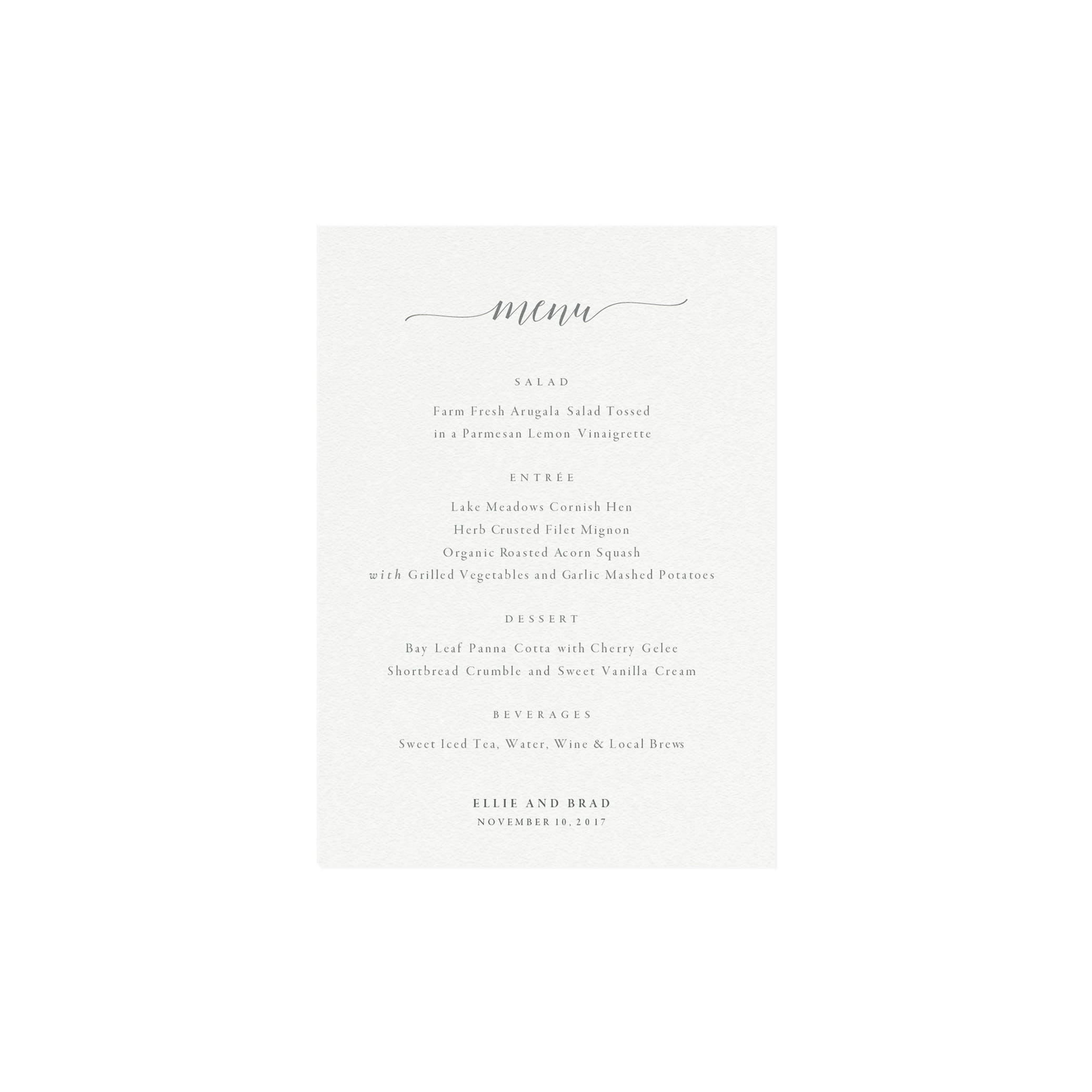 Calligraphy Wedding Menu Template: Dove Gray, Minimalist (Editable PDF)