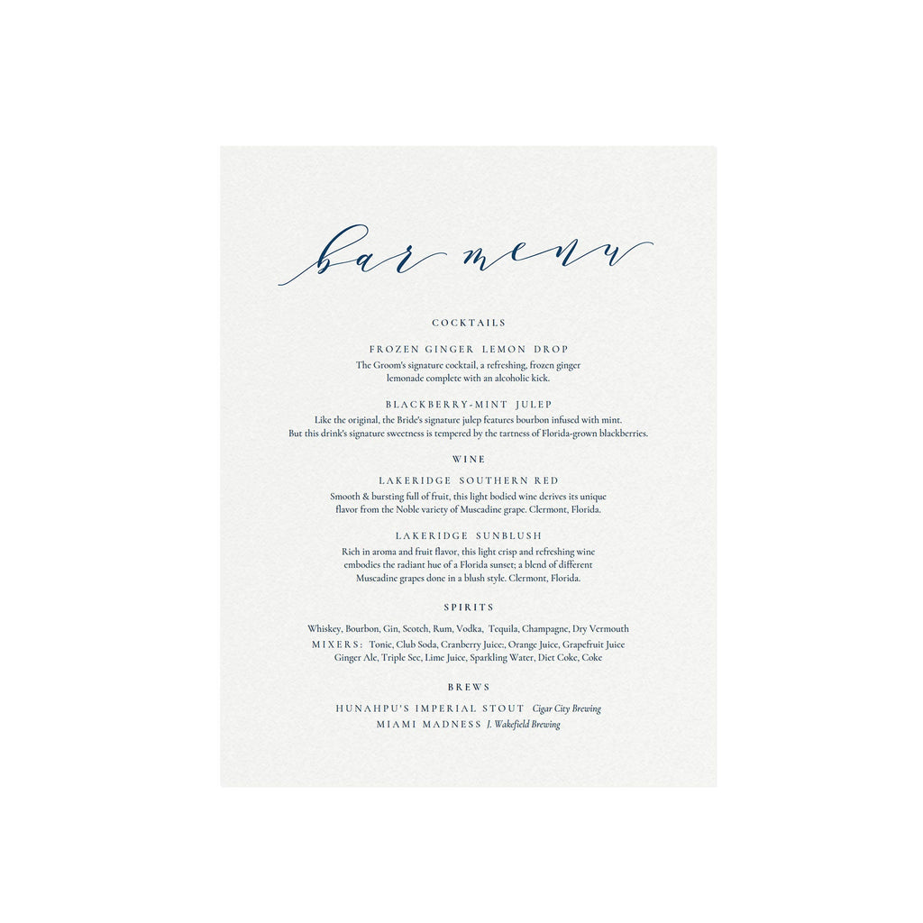 Navy Blue Calligraphy Bar Menu Sign: Wedding Reception (PDF Download)