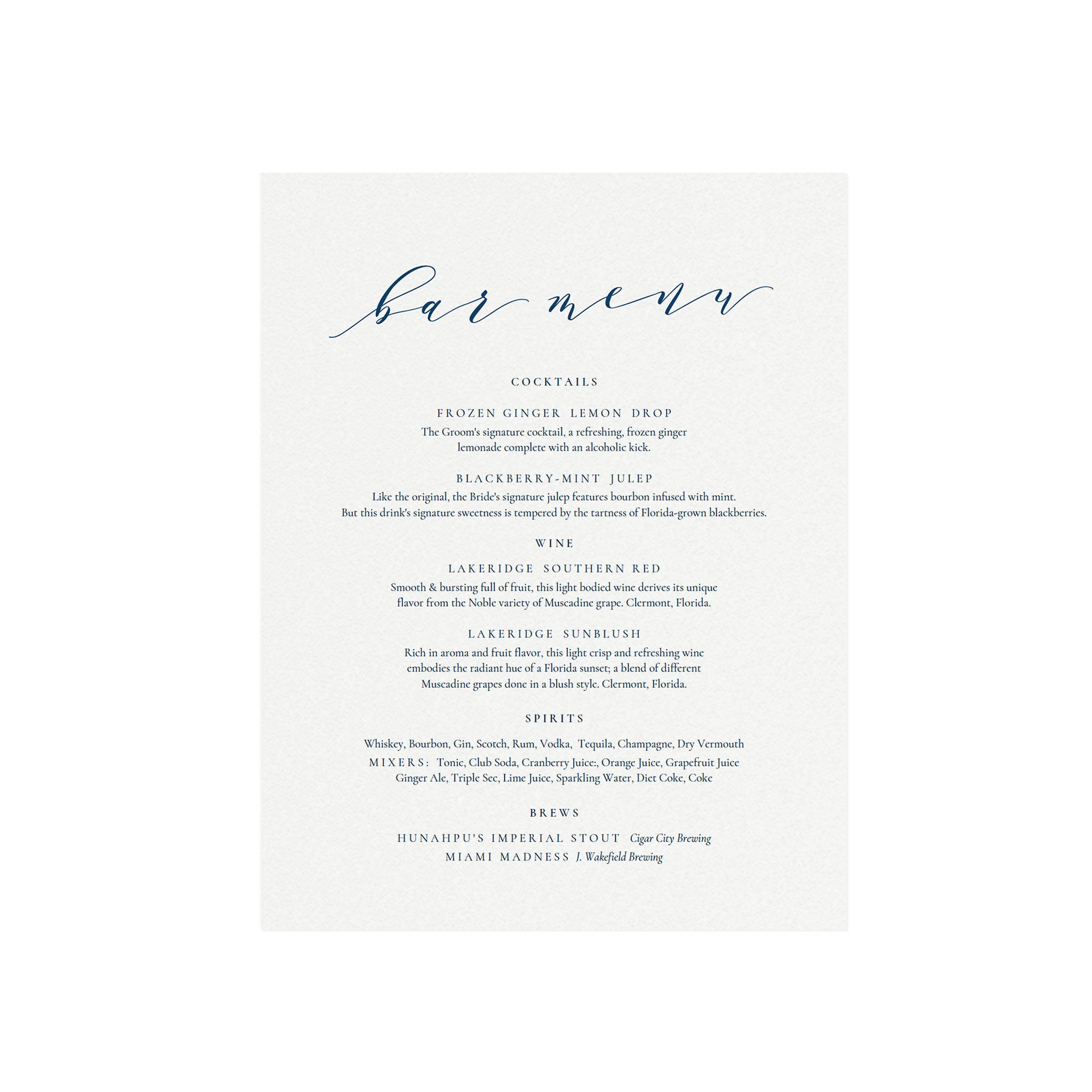 Navy Blue Calligraphy Bar Menu Sign: Wedding Reception (PDF Download)