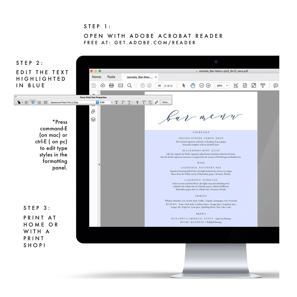 Navy Blue Calligraphy Bar Menu Sign: Wedding Reception (PDF Download)