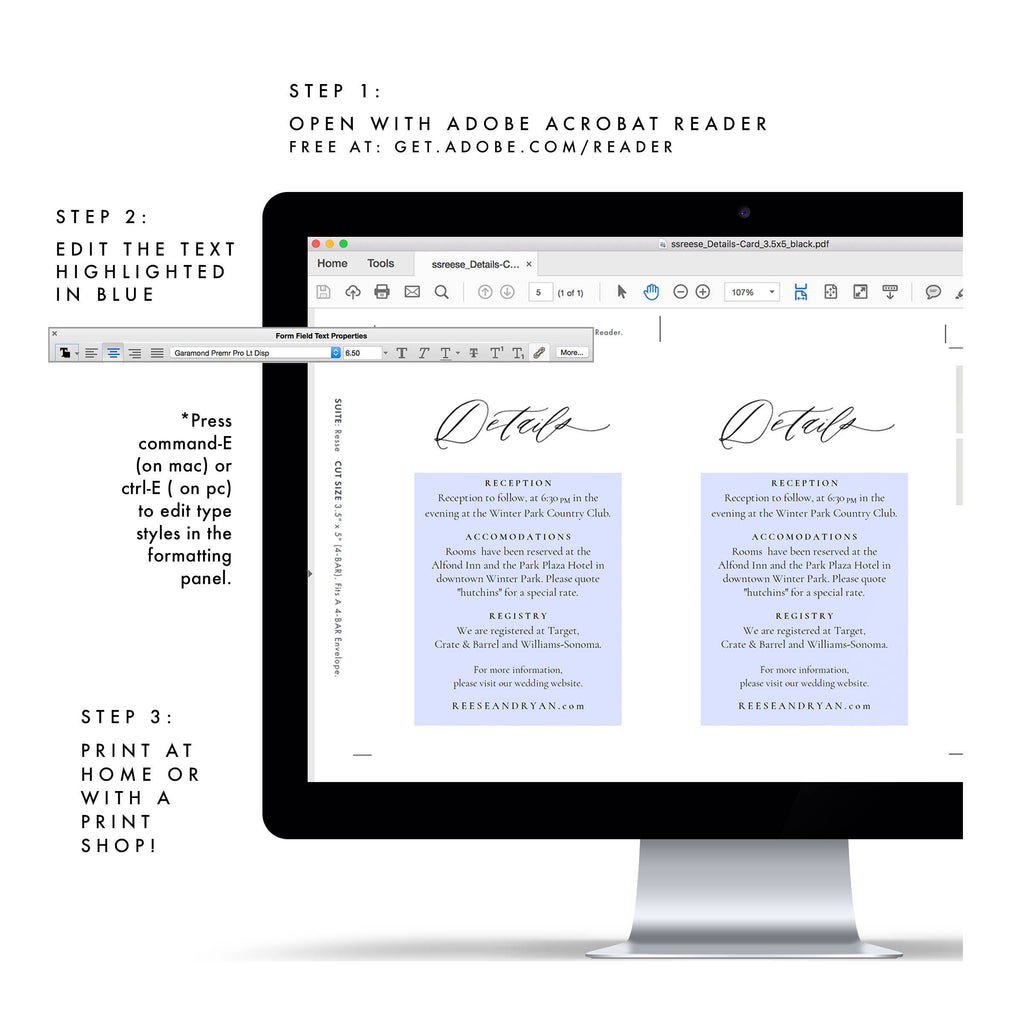 Calligraphy Wedding Details Card: Minimalist Printable Template (PDF Instant Download)