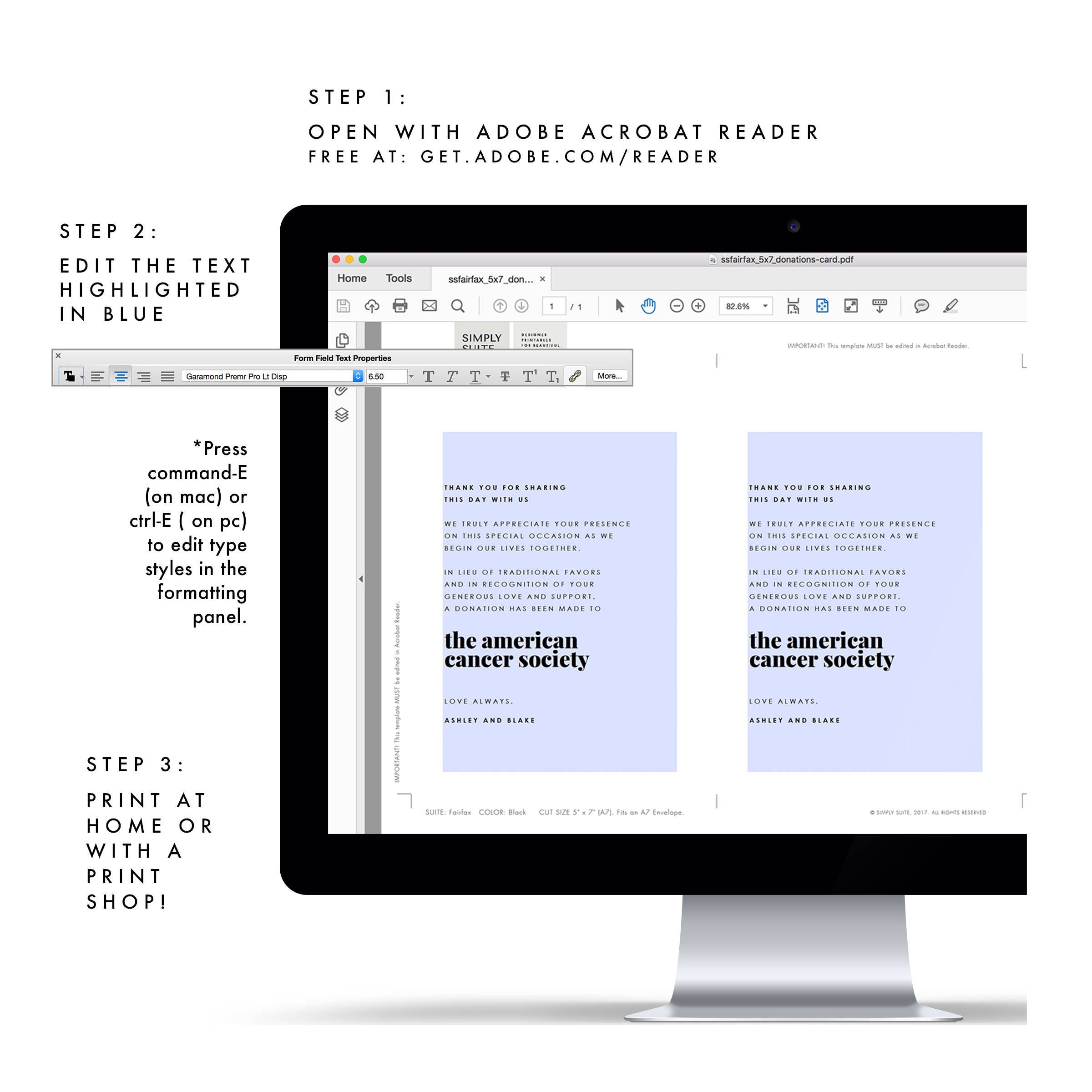 Wedding Donation Sign: Fairfax In Lieu of Favors (PDF Instant Download)