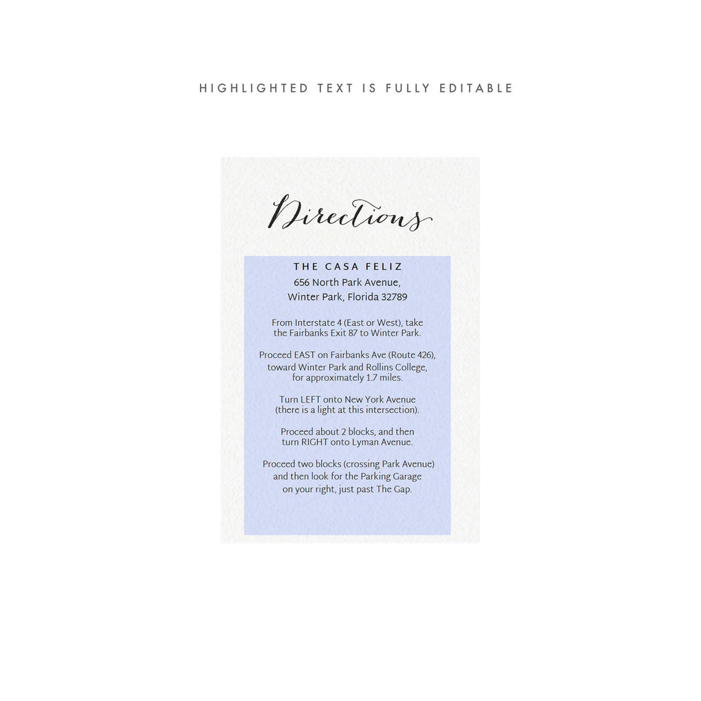 Calligraphy Wedding Directions Card Template: Bomont Printable (PDF)