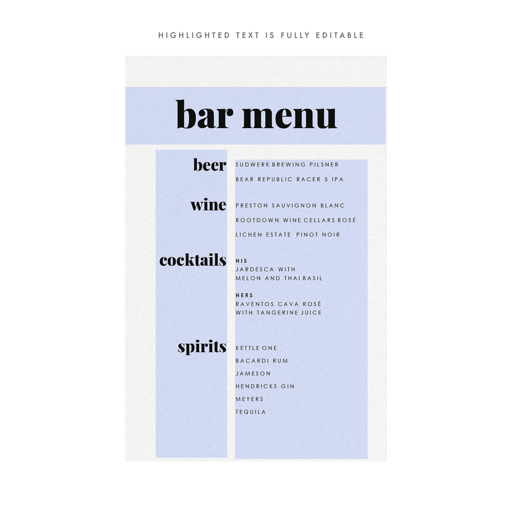 Modern Bar Menu Sign Template: Minimalist Wedding Reception (PDF Instant Download)