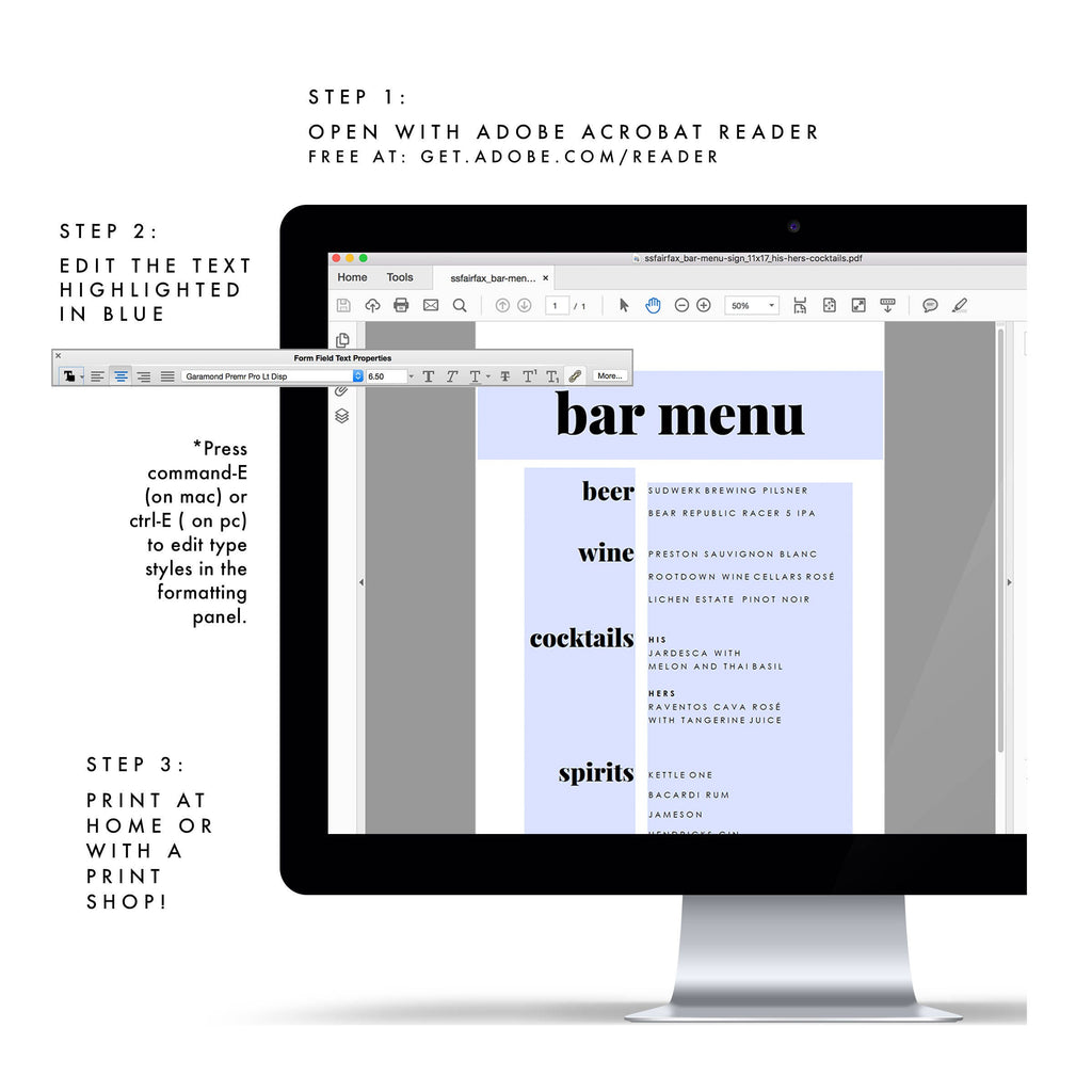 Modern Bar Menu Sign Template: Minimalist Wedding Reception (PDF Instant Download)