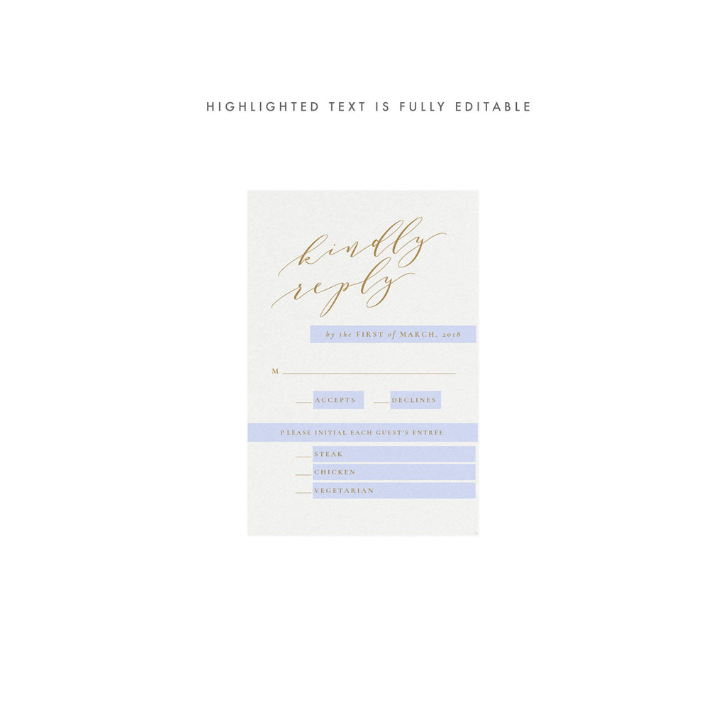 Gold Calligraphy Wedding RSVP Card: Minimalist Reply Template (PDF)