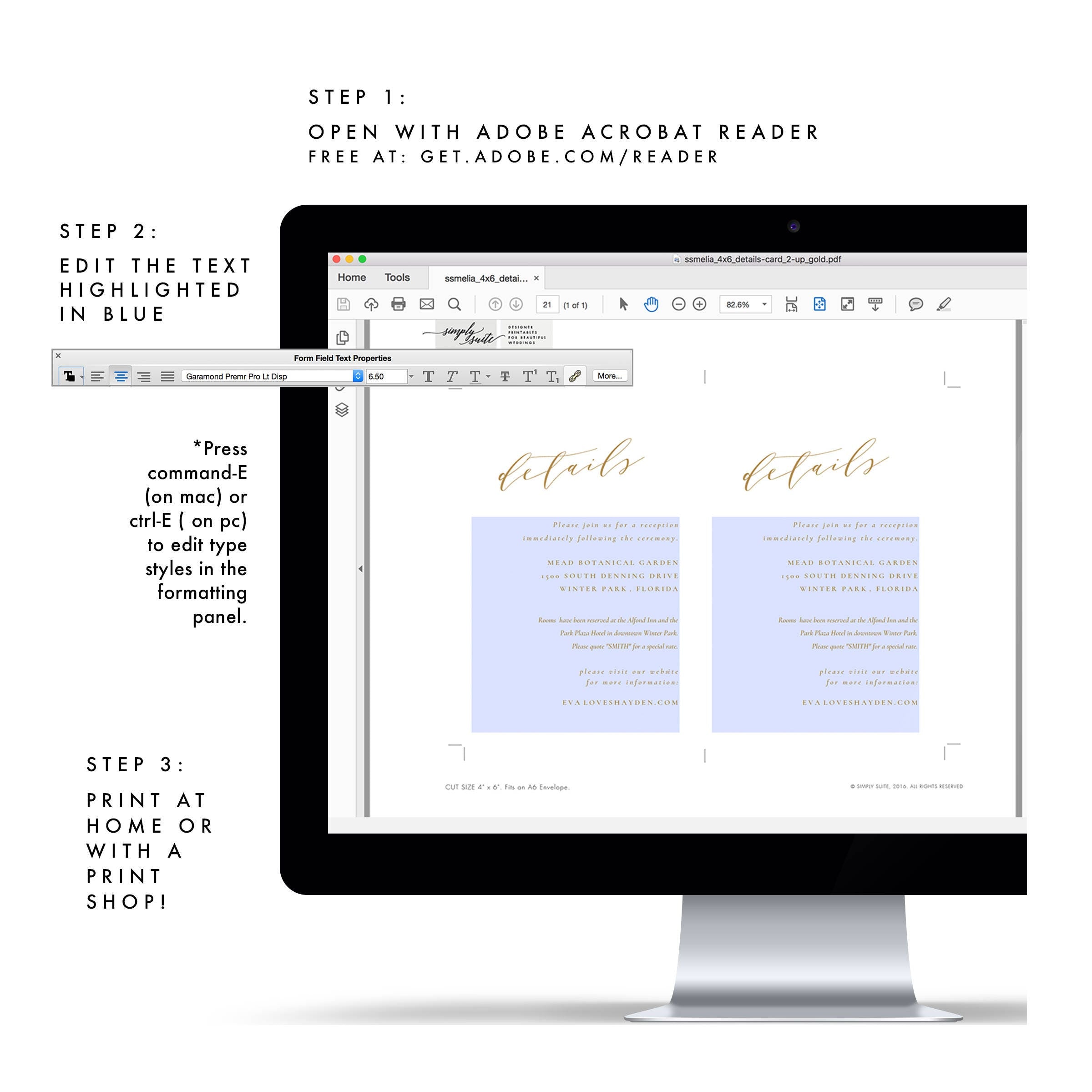 Gold Calligraphy Wedding Details Card Template (PDF Download)