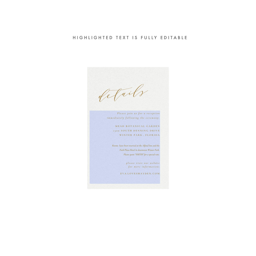 Gold Calligraphy Wedding Details Card Template (PDF Download)