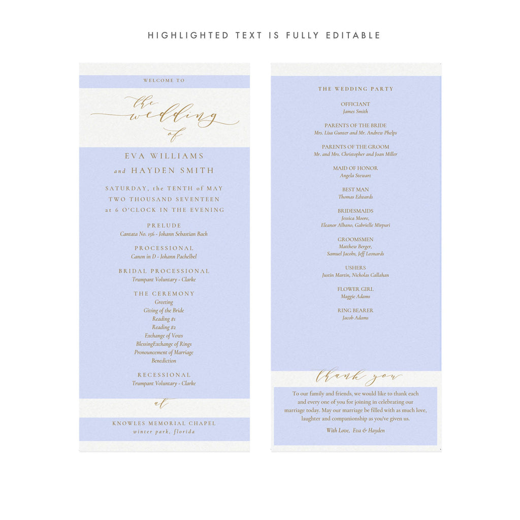 Gold Calligraphy Wedding Program Template: Elegant 4x9 (PDF Download)