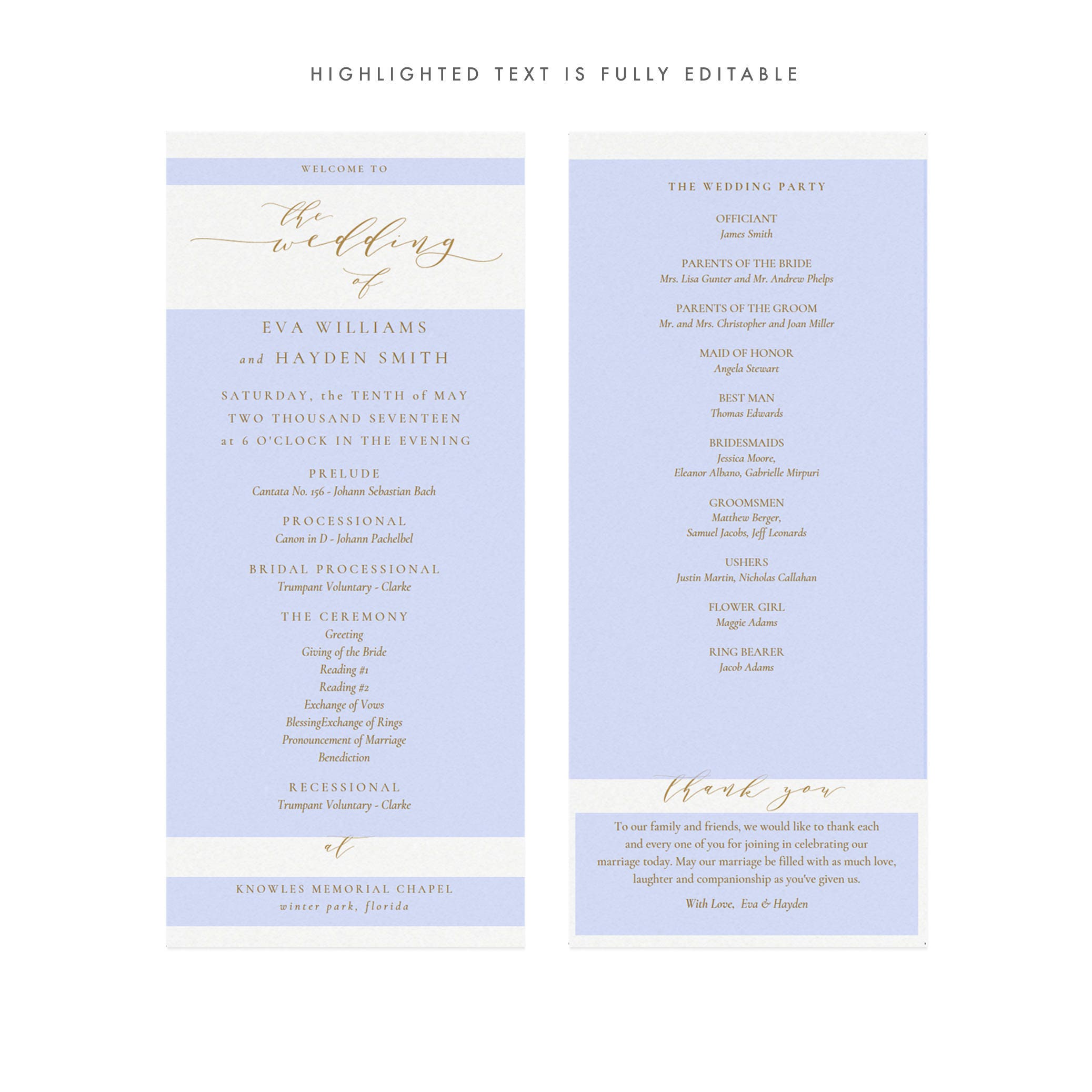 Gold Calligraphy Wedding Program Template: Elegant 4x9 (PDF Download)