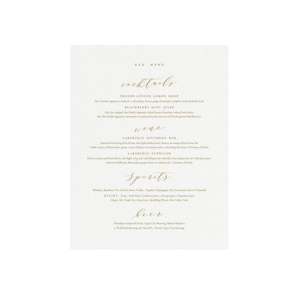 Calligraphy Bar Menu Sign: Gold Wedding Cocktails (PDF)