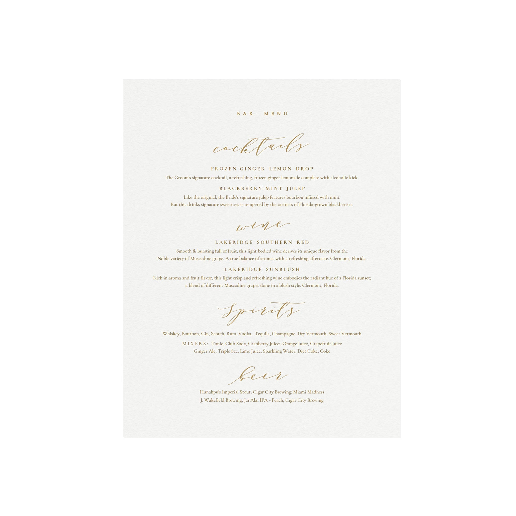 Calligraphy Bar Menu Sign: Gold Wedding Cocktails (PDF)