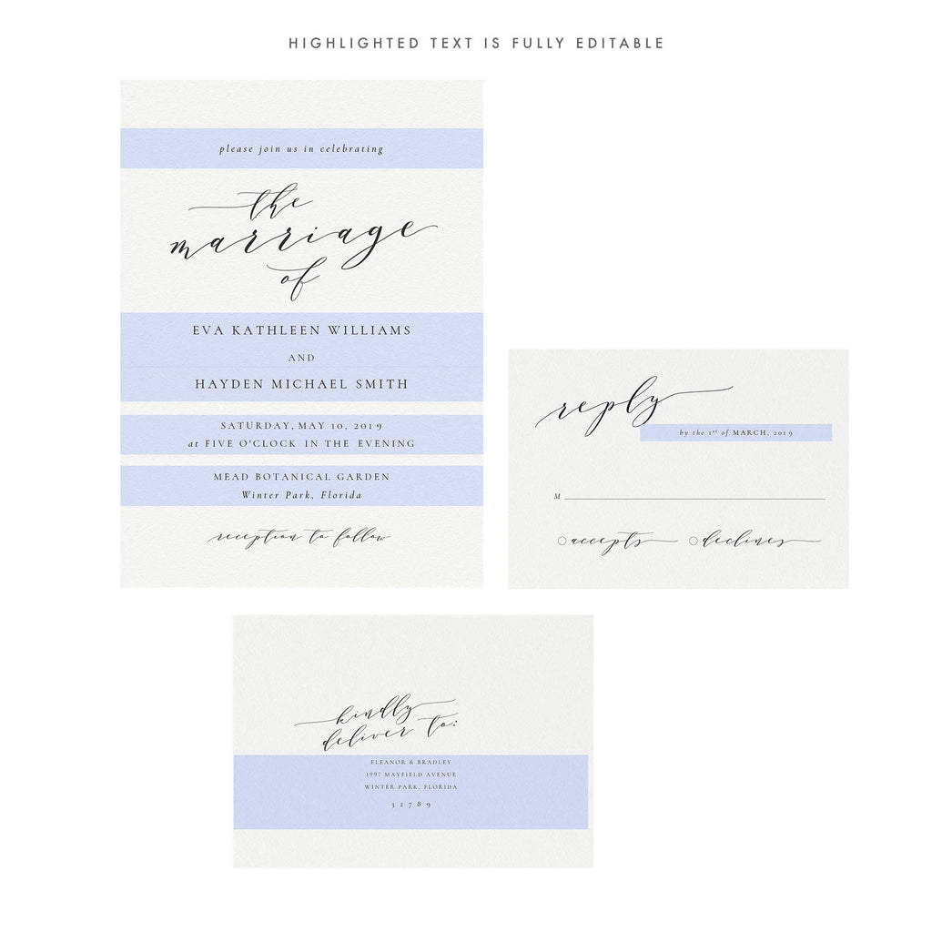 Calligraphy Wedding Invitation Template: Melia Suite (PDF Download)