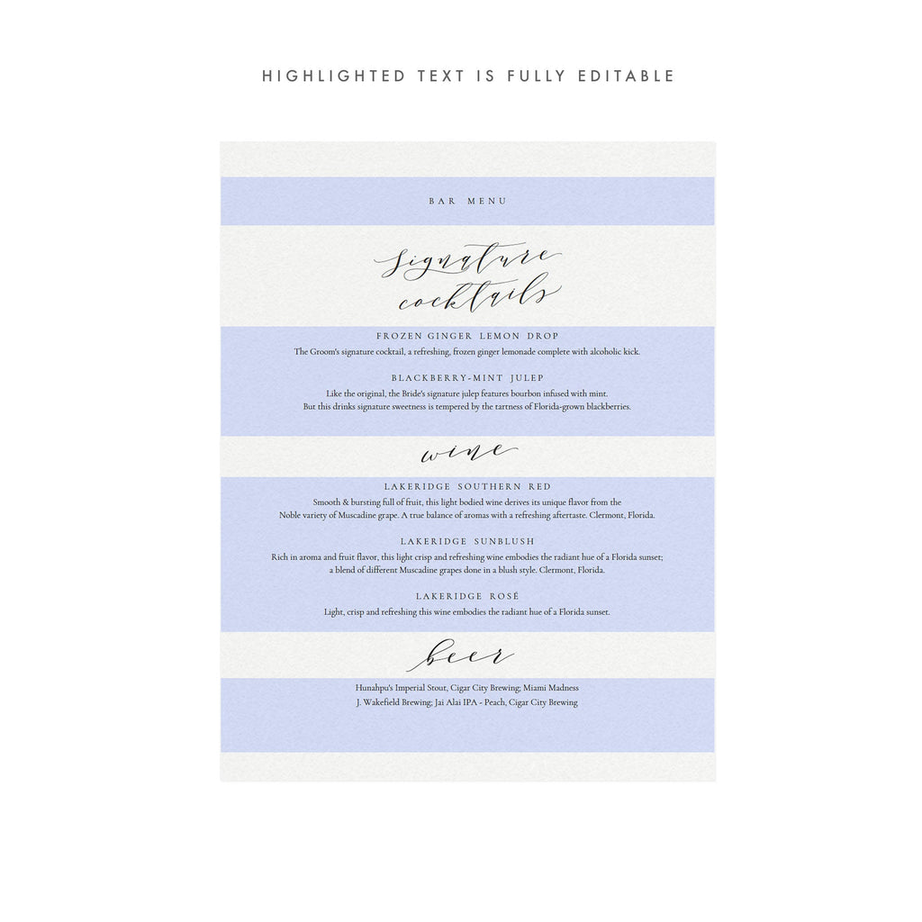 Calligraphy Bar Menu Sign Template: Signature Cocktails (PDF Instant Download)