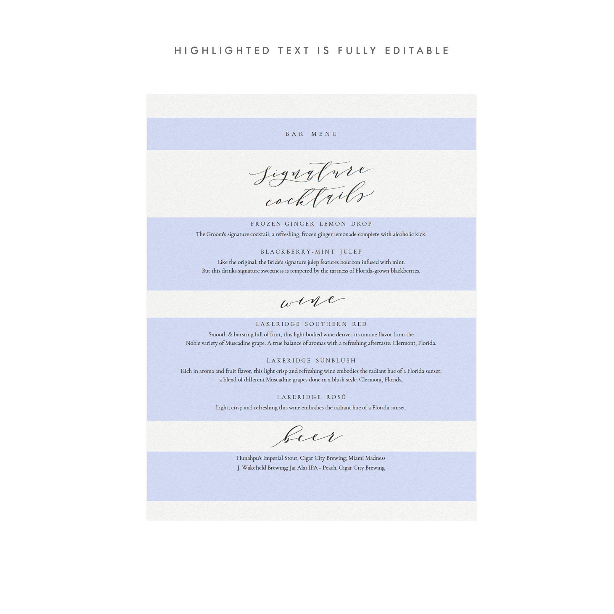Calligraphy Bar Menu Sign Template: Signature Cocktails (PDF Instant Download)