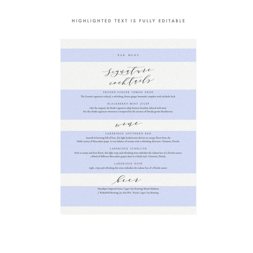 Calligraphy Bar Menu Sign Template: Signature Cocktails (PDF Instant Download)