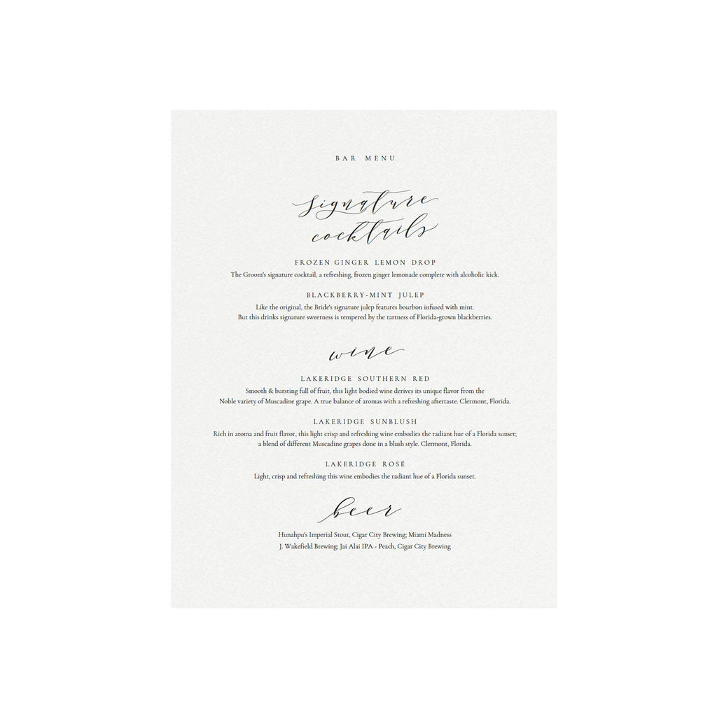 Calligraphy Bar Menu Sign Template: Signature Cocktails (PDF Instant Download)