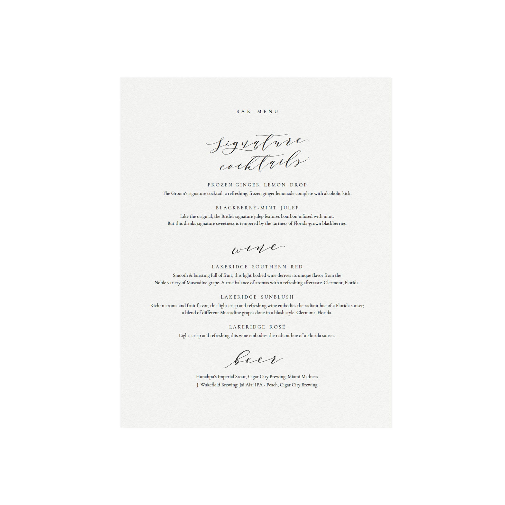 Calligraphy Bar Menu Sign Template: Signature Cocktails (PDF Instant Download)