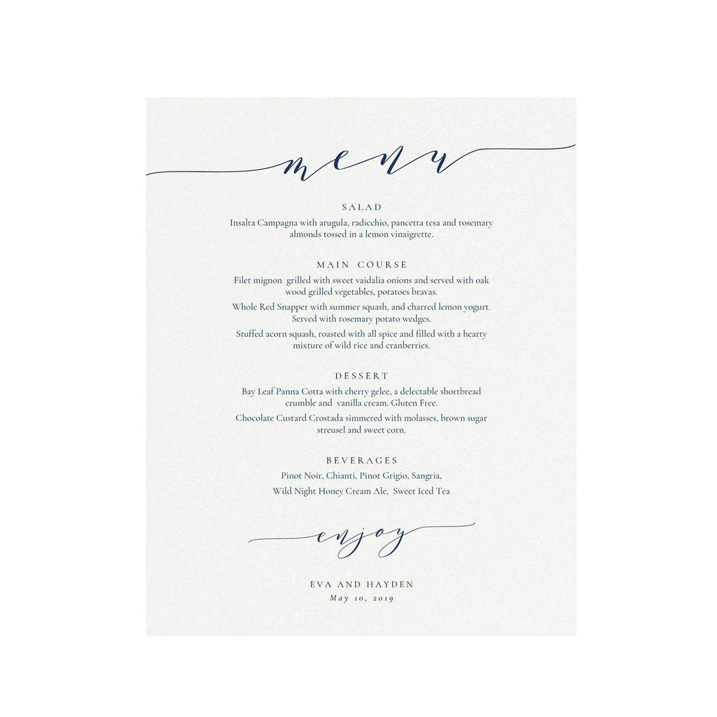 Navy Blue Calligraphy Dinner Menu Poster: Wedding Reception Sign (PDF)