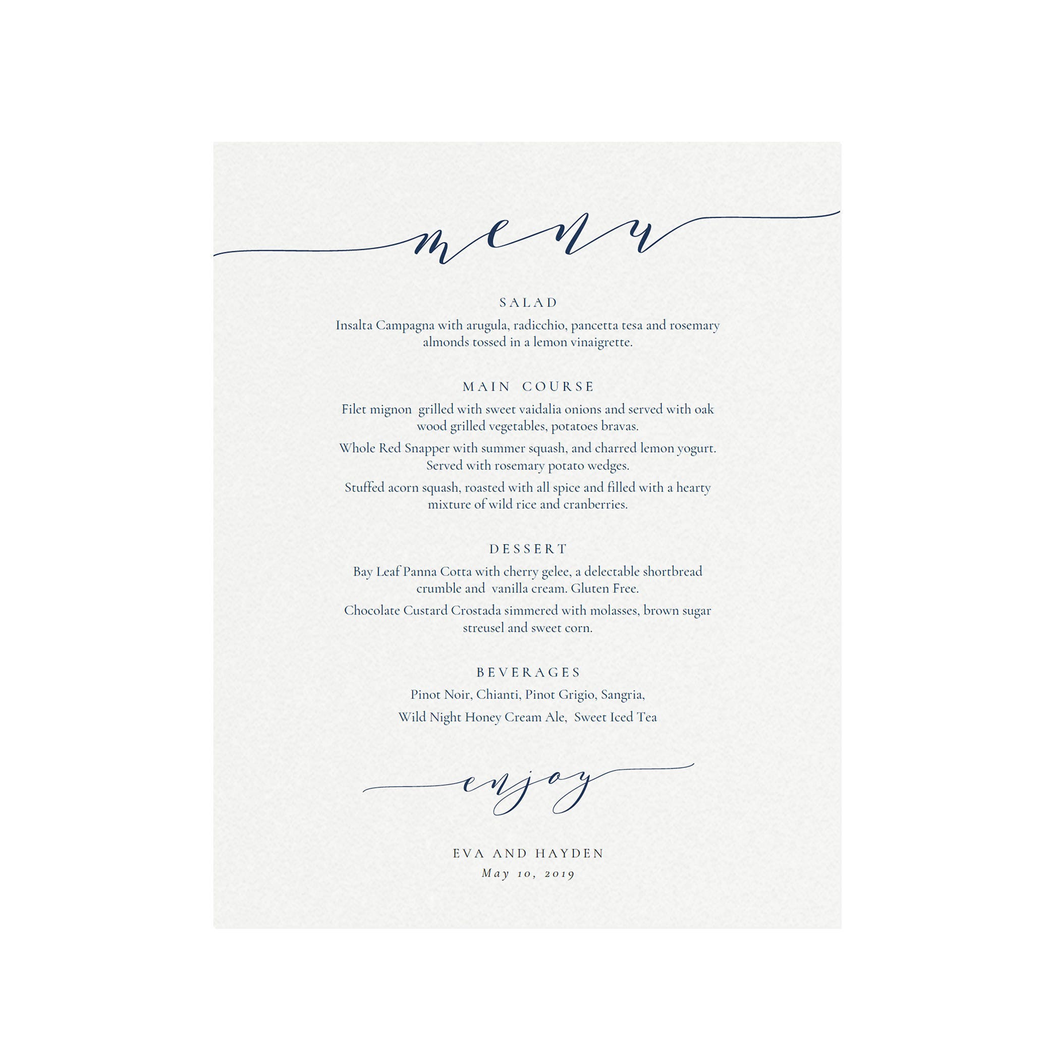 Navy Blue Calligraphy Dinner Menu Poster: Wedding Reception Sign (PDF)