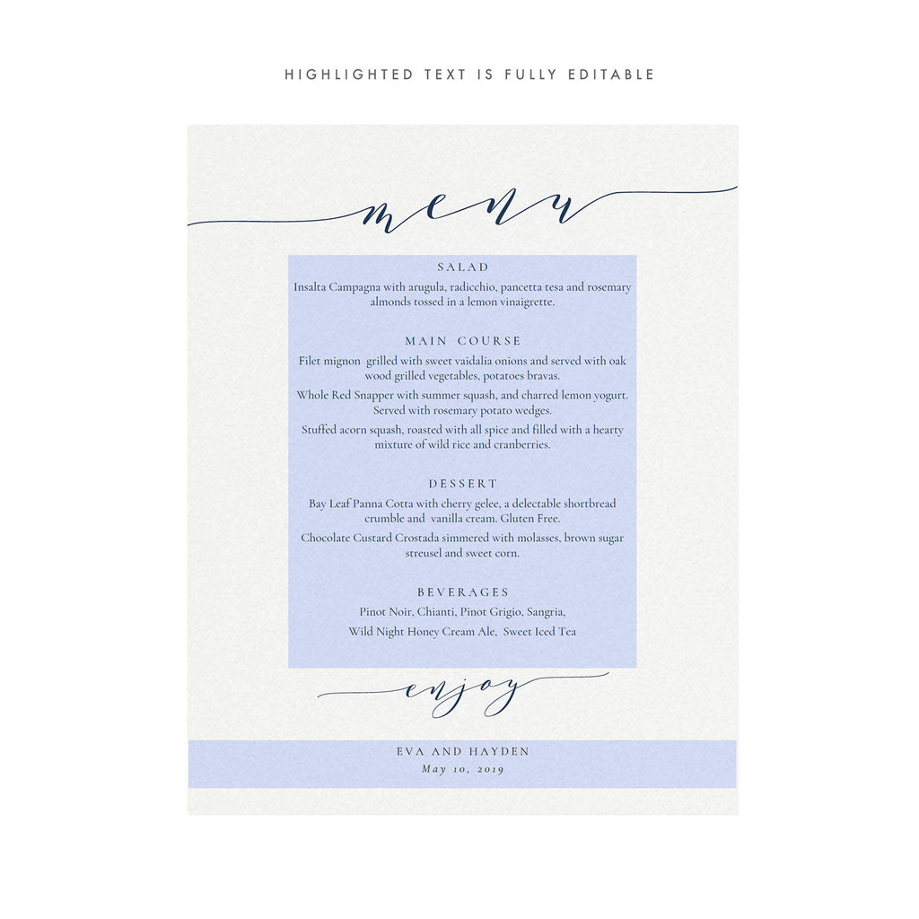 Navy Blue Calligraphy Dinner Menu Poster: Wedding Reception Sign (PDF)