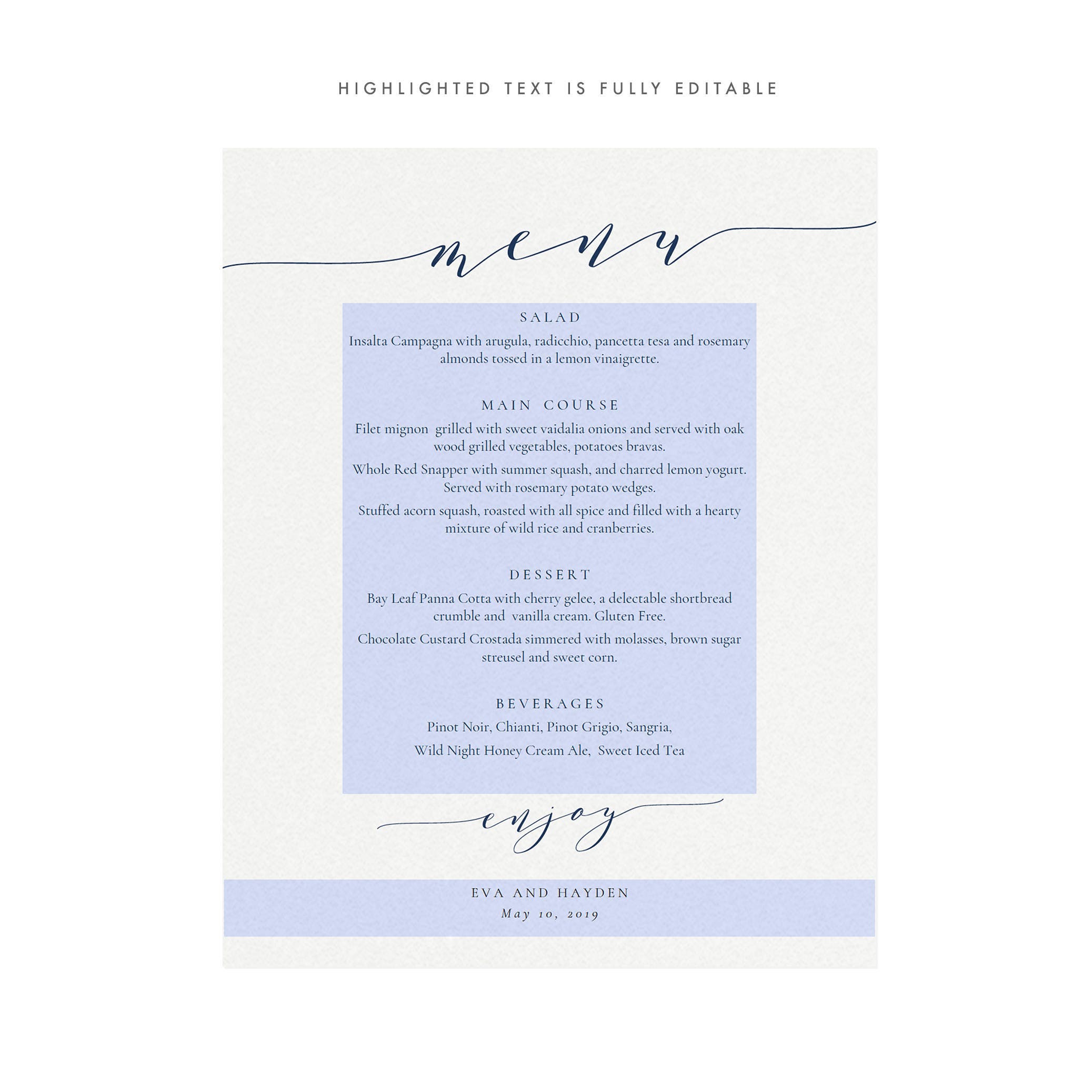 Navy Blue Calligraphy Dinner Menu Poster: Wedding Reception Sign (PDF)