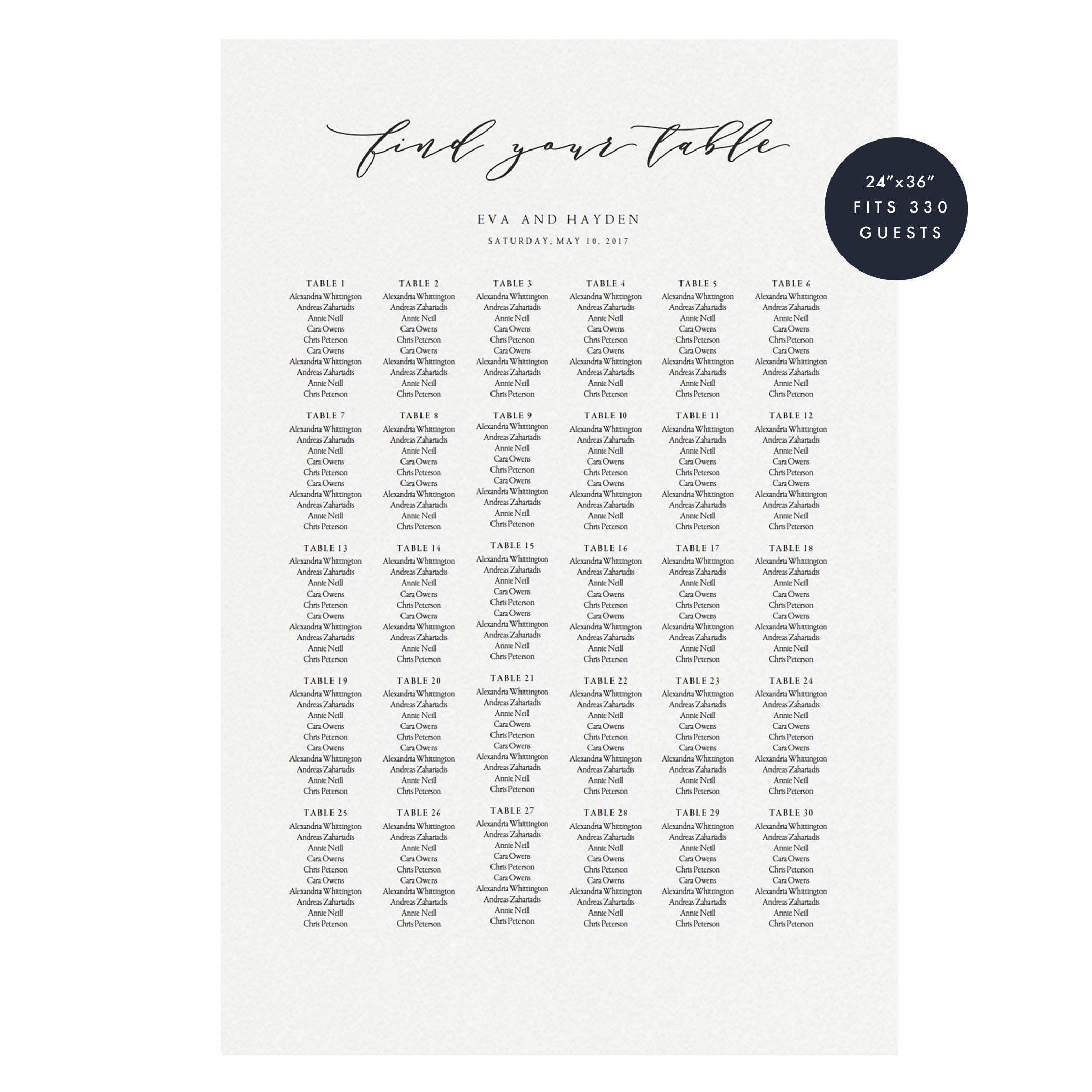 Calligraphy Wedding Seating Chart Template: Melia Design (PDF Download)