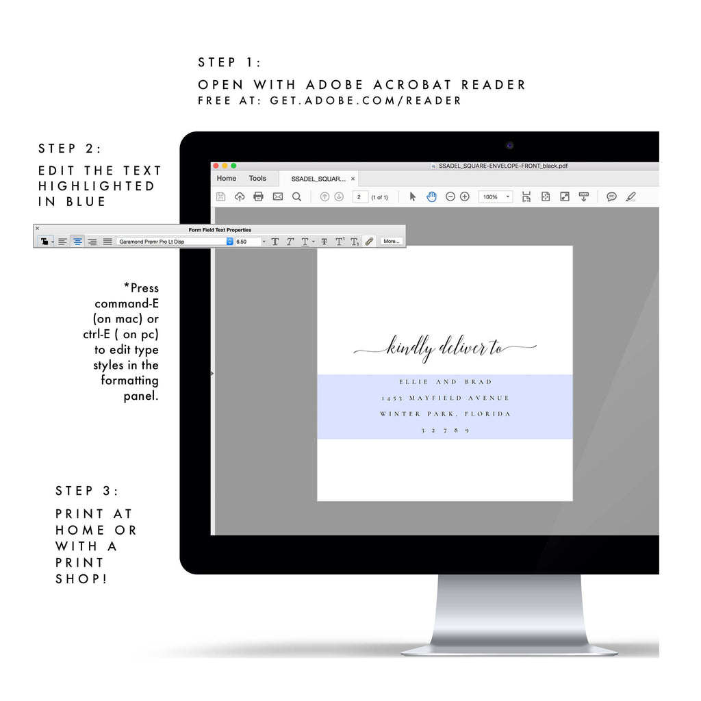 Printable Wedding Invitation Envelope Template: Calligraphy Adel, Square (Digital Download)