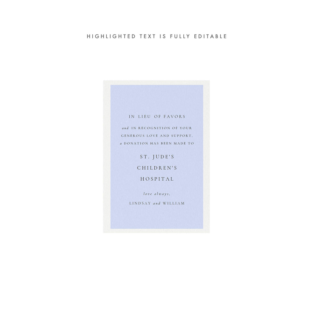 Wedding In Lieu of Favors Card: Donation Thank You (PDF Download)