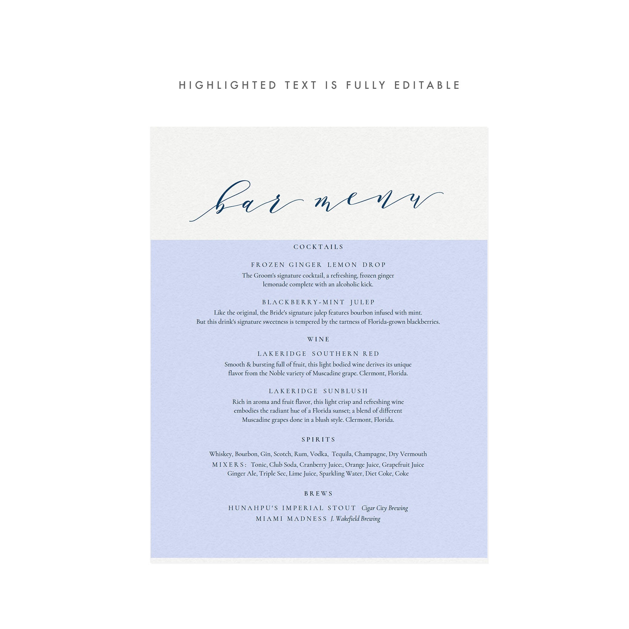 Navy Blue Calligraphy Bar Menu Sign: Wedding Reception (PDF Download)