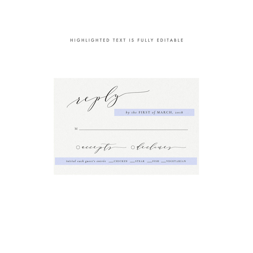 Black Calligraphy Wedding RSVP Template: 4x6 Meal Options (PDF Instant Download)