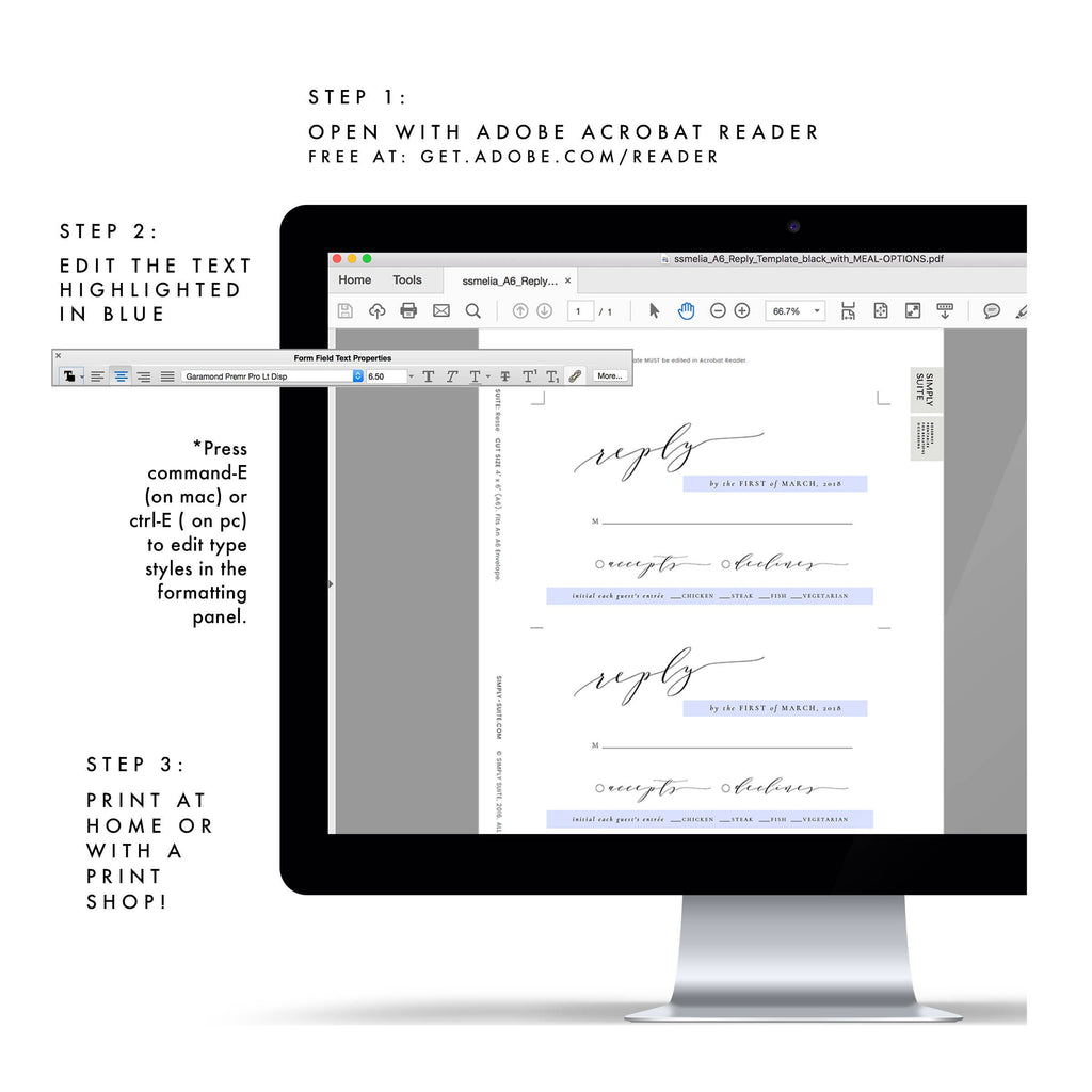 Black Calligraphy Wedding RSVP Template: 4x6 Meal Options (PDF Instant Download)