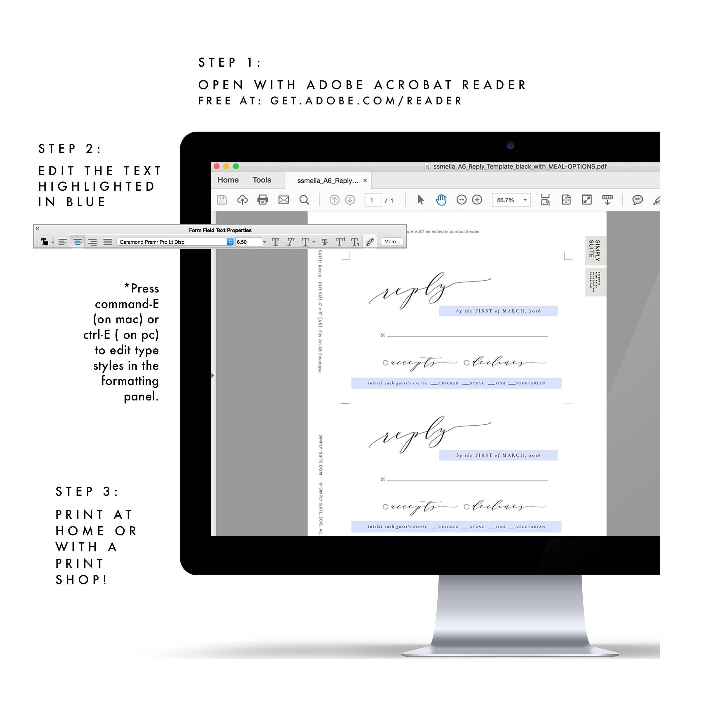 Black Calligraphy Wedding RSVP Template: 4x6 Meal Options (PDF Instant Download)