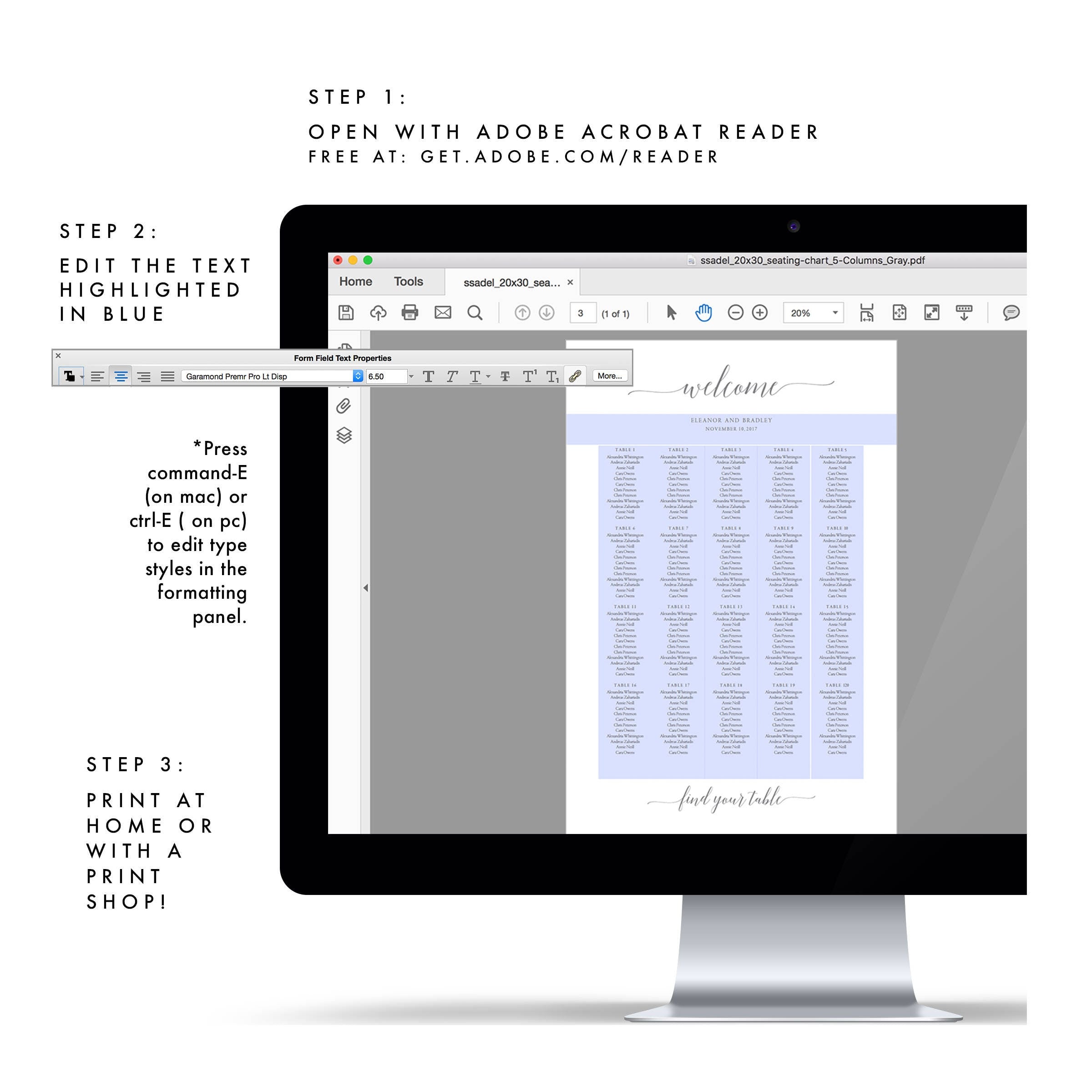 Gray Calligraphy Wedding Seating Chart Template (PDF Instant Download)