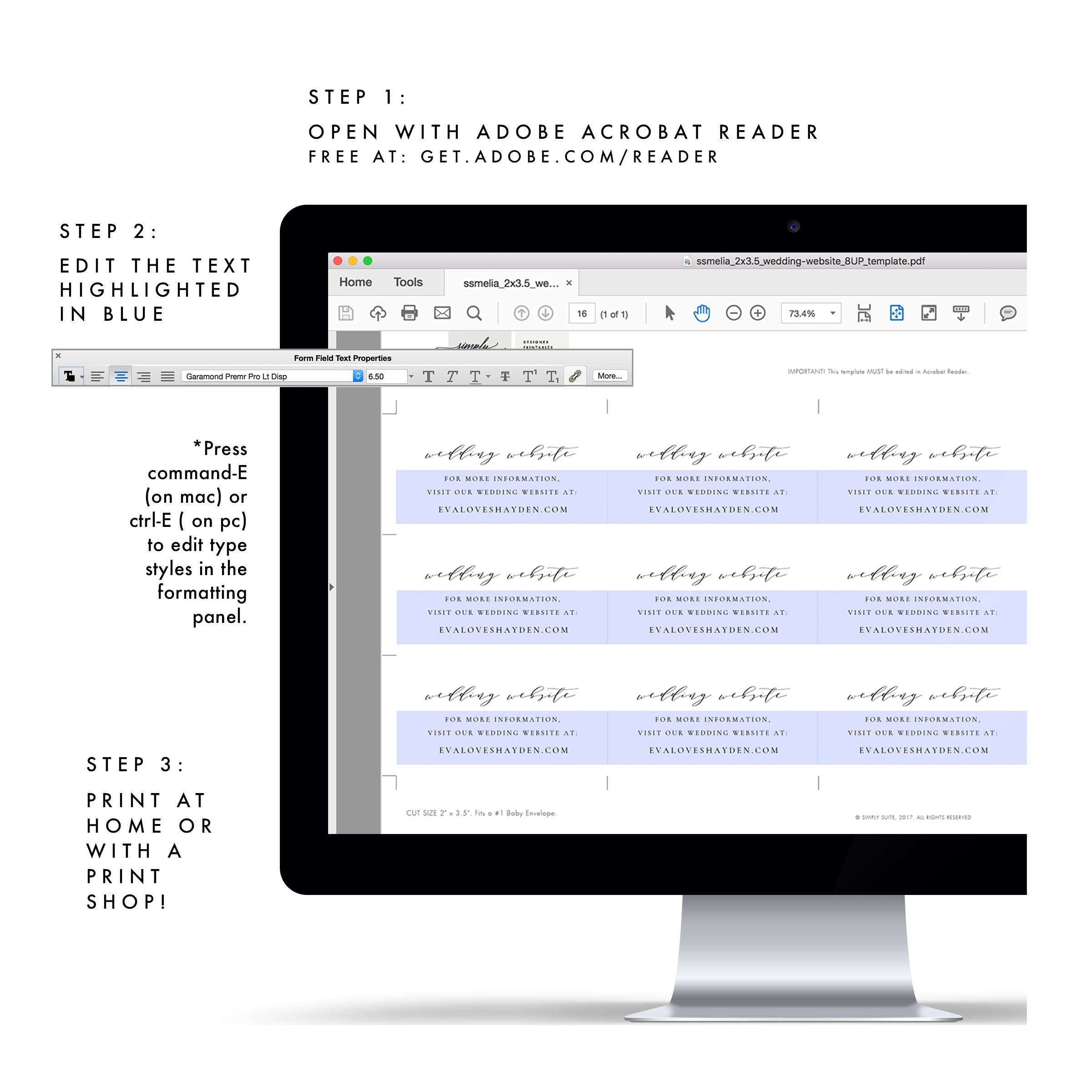 Melia Wedding Website Card Template: Elegant Black Lettering (PDF Download)