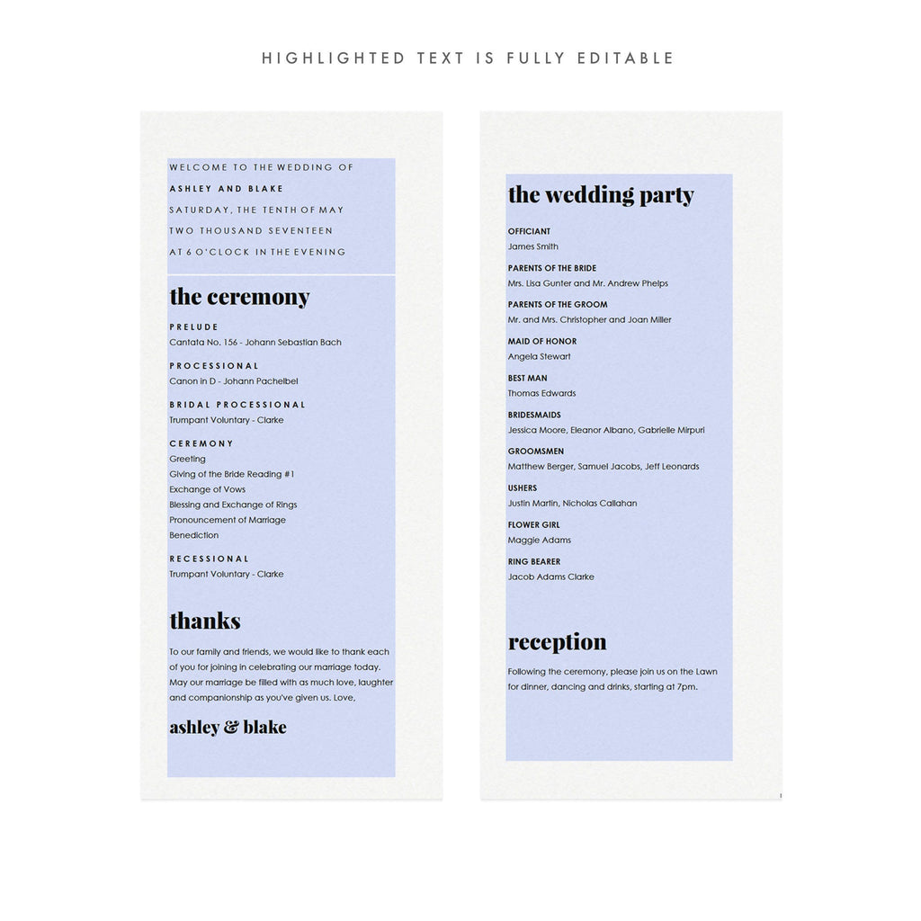 Fairfax Wedding Program Template: Elegant, Modern (Instant PDF Download)