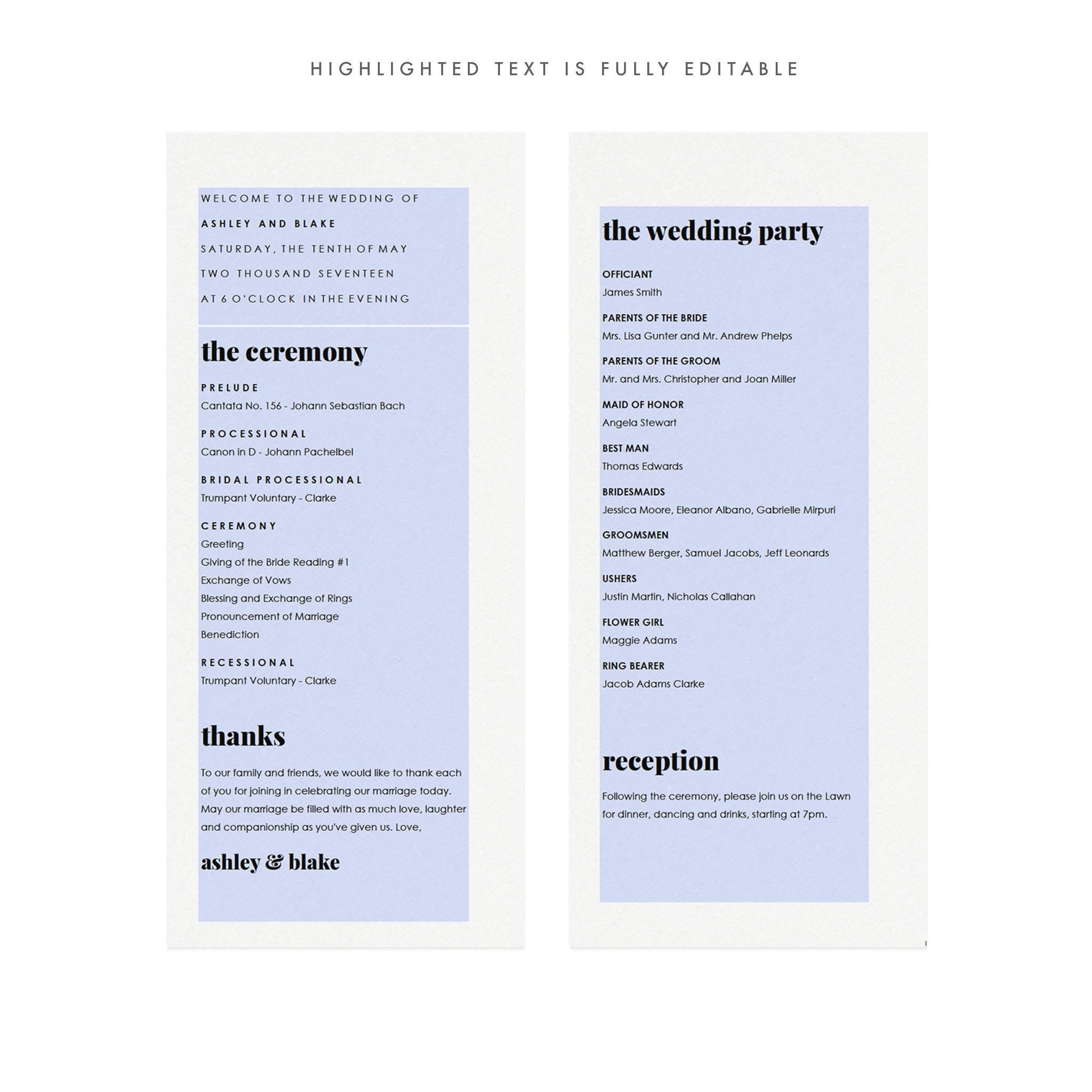Fairfax Wedding Program Template: Elegant, Modern (Instant PDF Download)